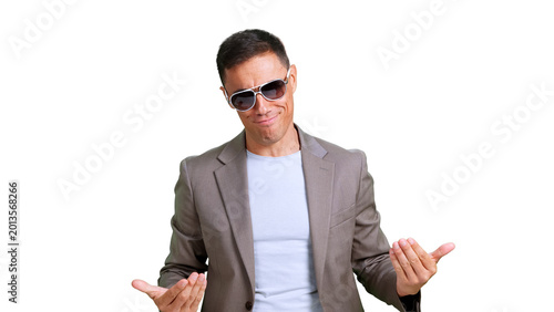 Confident man with sunglasses showing smug superiority