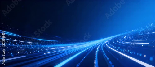An abstract blue background featuring glowing lines and motion waves creates a dark, high-energy space design with a light texture and laser art style
