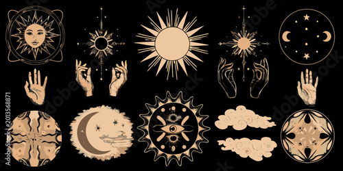Foto celestial themed tarot card illustrations with sun moon and hands