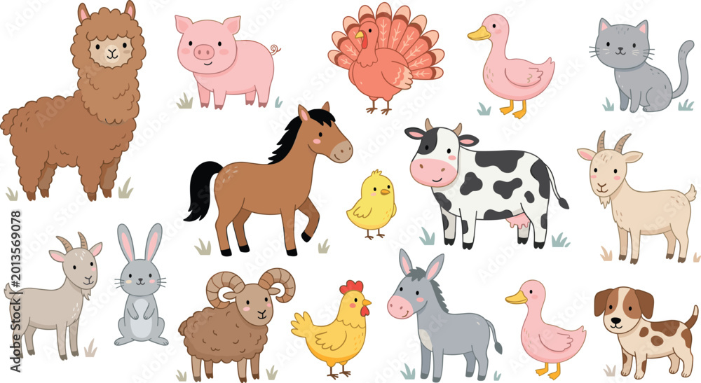 Obraz premium Cute Farm Animals Cartoon Vector Set Featuring Alpaca Cow Horse Goat Pig Chicken Duck And Domestic Pet Characters