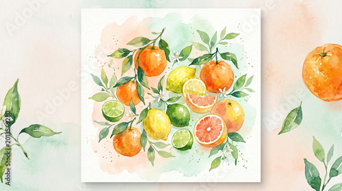 Fresh oranges and lemons on a branch with green leaves in a colorful still life