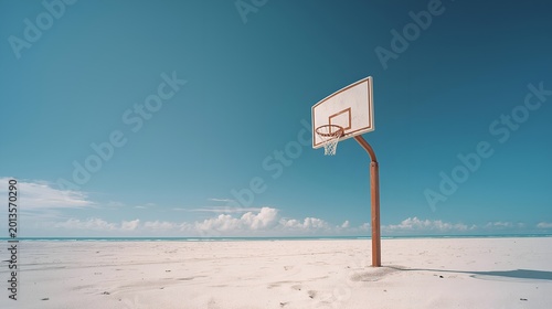 An isolated basketball hoop stands on a sandy beach under a clear blue sky, representing leisure, sports, and the joy of outdoor activities.