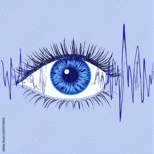 Stylized blue human eye illustration superimposed with digital sound waves or frequency lines