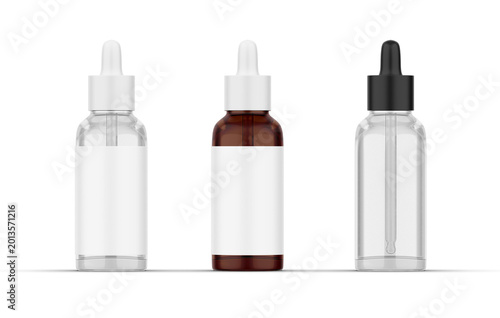 Glass dropper bottle mockup on white background. Essential oil, serum or medicine bottle for cosmetic and pharmaceutical branding.
