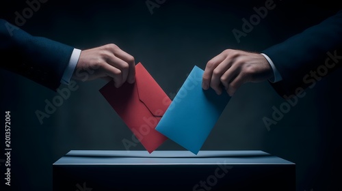 Two hands placing red and blue envelopes into a ballot box, symbolizing democratic participation and the electoral process.
