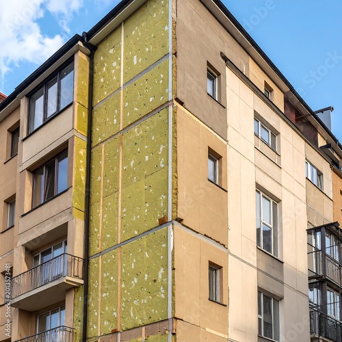 Building exterior insulation renovation in progress