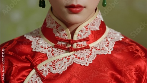 Close-up of a person wearing a red traditional Chinese qipao with white lace collar and red knot details