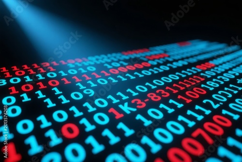 Binary code displayed in red and blue on a dark background with a spotlight effect