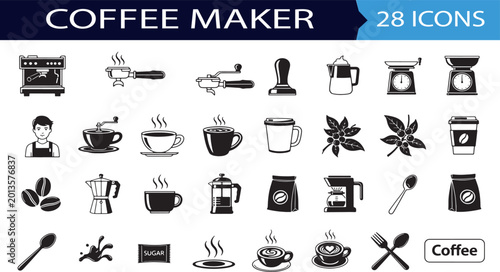 Bild auf Leinwand Set of coffee maker icon designs including cafe beverage shop accessories
