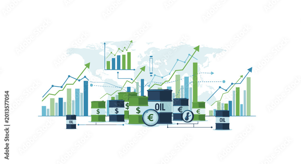 Obraz premium Oil barrels and currency symbols are displayed with financial charts and graphs overlaying a world map, indicating global market trends.