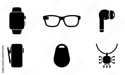 Foto Modern Wearable Technology Icons: Smartwatch, Glasses, Earbuds, Tracker, Necklac