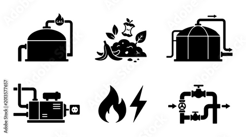 Tableau sur toile Biogas Production Icons Set, Renewable Energy Symbols, Organic Waste Processing,