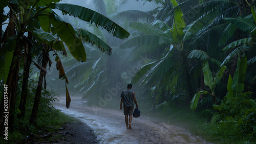 Tropical rainforest, misty road, lone traveler, green landscape