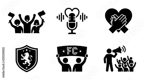 Fan Support Icons, Sports Team Loyalty Symbols, Community Engagement Graphics, Public Rally Vector Set