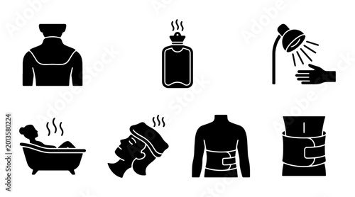 Konstfotografi Spa and Wellness Icons: Hot Bath, Shower, Hot Water Bottle, Head Steam, Back Sup