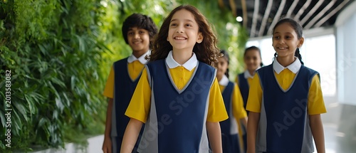 Diverse group of happy school children in uniform with backpacks walking on modern green campus