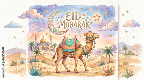 Decorated camel standing in a sandy desert landscape under a crescent moon and starry night sky to celebrate the joyous religious holiday of eid mubarak