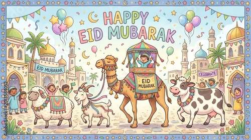 Happy children celebrating eid mubarak festival with a camel and farm animals in a colorful cartoon style illustration designed for greeting cards and festive holiday banners