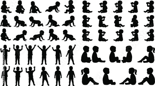 Φωτογραφία Baby and toddler silhouette collection with crawling sitting standing and playfu