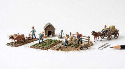 Miniature farmers work together in a small garden setting while tending to their vegetable crops and managing the farm animals on a bright white background