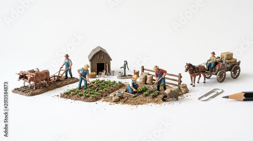 Miniature farmers work together in a small garden setting while tending to their vegetable crops and managing the farm animals on a bright white background