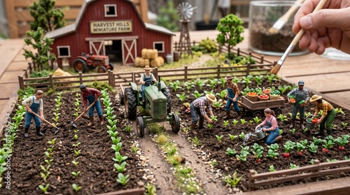 Small miniature farm diorama features tiny toy farmers working the soil with tractors and various agricultural tools while a person paints the scene with brushes