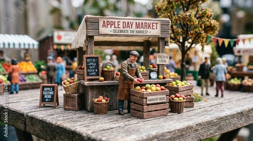 Miniature vendor stands at a charming outdoor market stall arranging fresh red apples inside wooden crates for customers to purchase during the annual harvest festival event