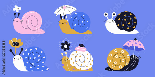 Bild auf Leinwand collection of cute cartoon snails with floral and umbrella motifs
