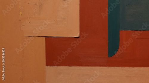 Abstract art with geometric shapes and textured paint in earthy tones. Layers of terracotta brown rust and muted orange colors form a modern minimalist composition with a hint of gold.