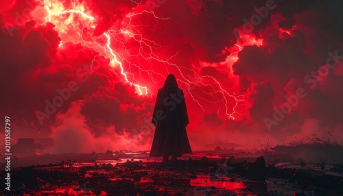 Cloaked figure watches crimson lightning storm