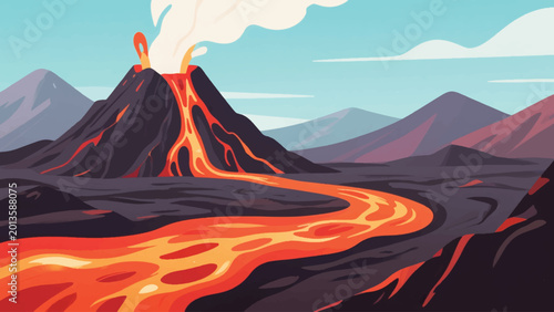 Quadro su tela Illustration Of A Volcanic Landscape With Lava Flows Vector Design Template