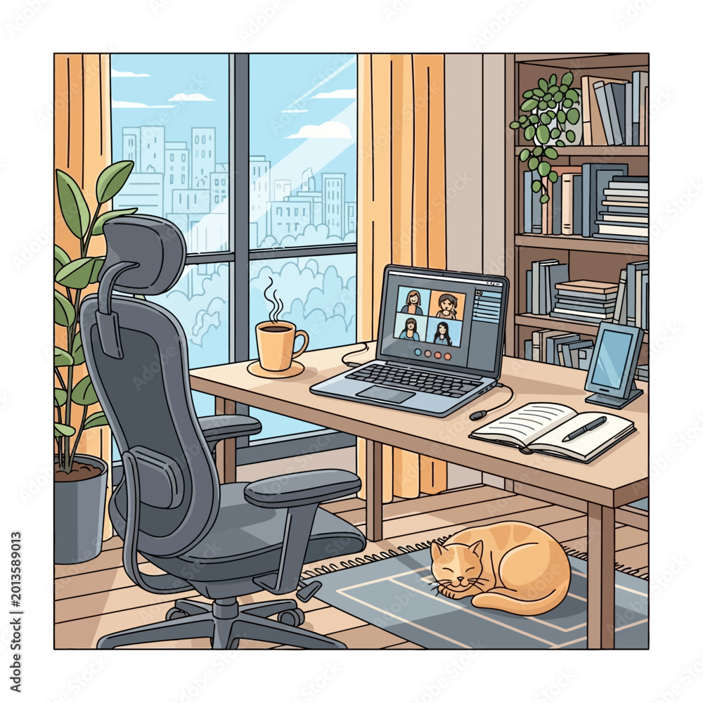 Fototapeta premium Cozy Home Office with Cat, Video Call, and City View