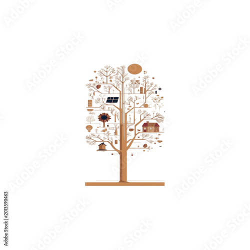 Blue Eco Tech Tree Icon Set - Renewable Energy Wind Turbine Solar Panel Flat Vector Collection
