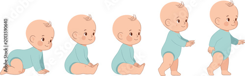 Bilde på lerret “Cartoon baby in light blue onesie showing stages of growth from crawling to wal