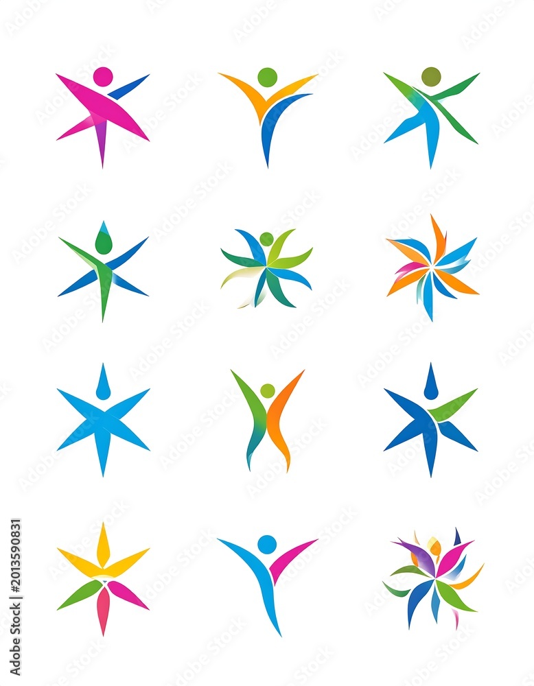 Obraz premium A collection of 12 colorful human icons in various poses and shapes