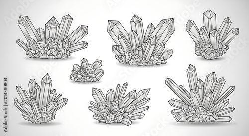 Abstract Collection of Geometric Crystal Clusters in a Variety of Sizes and Shapes