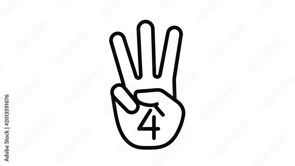 Fototapeta premium Black and white line art icon showing a hand with three fingers raised and the number four written on the palm.