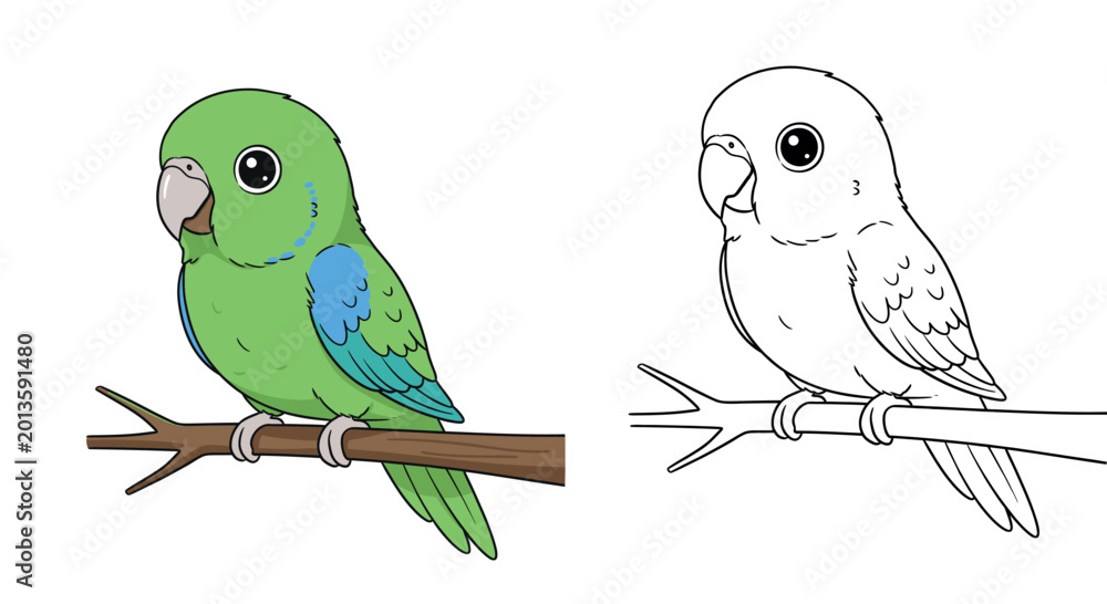 Obraz premium Cute Green Parrot Cartoon coloring page