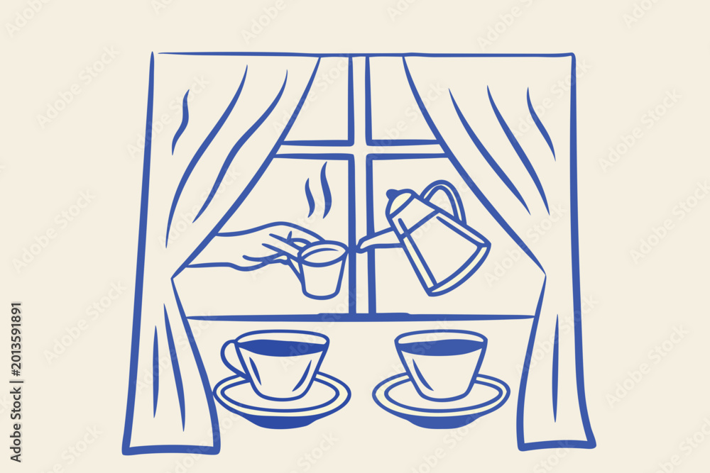 Naklejka premium Coffee pouring scene with window view blue line drawing