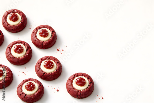 Artist arranges red velvet thumbprint cookies in asymmetrical negative space composition for modern editorial aesthetic