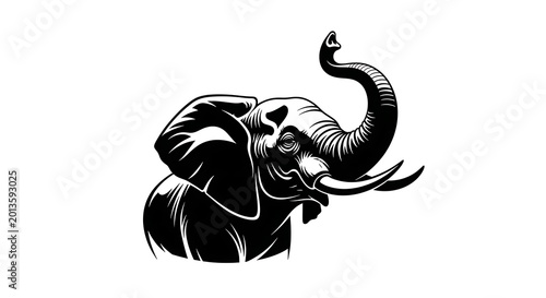 Majestic Elephant with Trunk Raised - Powerful Symbol of Strength and Wisdom, Black and White Vector Illustration