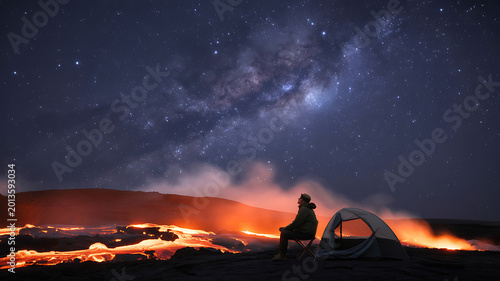 Nighttime volcanic landscape, starry sky, lava flows, camping adventure, natural wonder