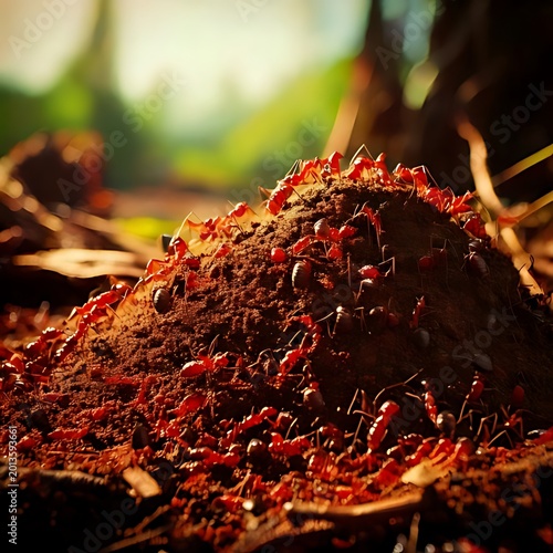 Colony of red ants on dirt mound