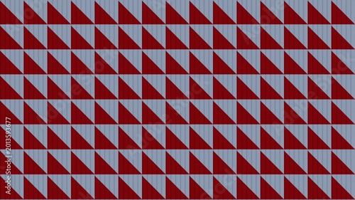 A repetitive pattern featuring dark red triangles set against a muted blue background with vertical pinstripe textures.