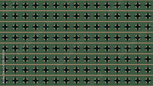 A seamless geometric pattern featuring rows of dark four-pointed stars separated by peach horizontal lines on a deep green textured background.