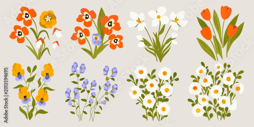Floral arrangement of various blooms vector illustration on a beige background