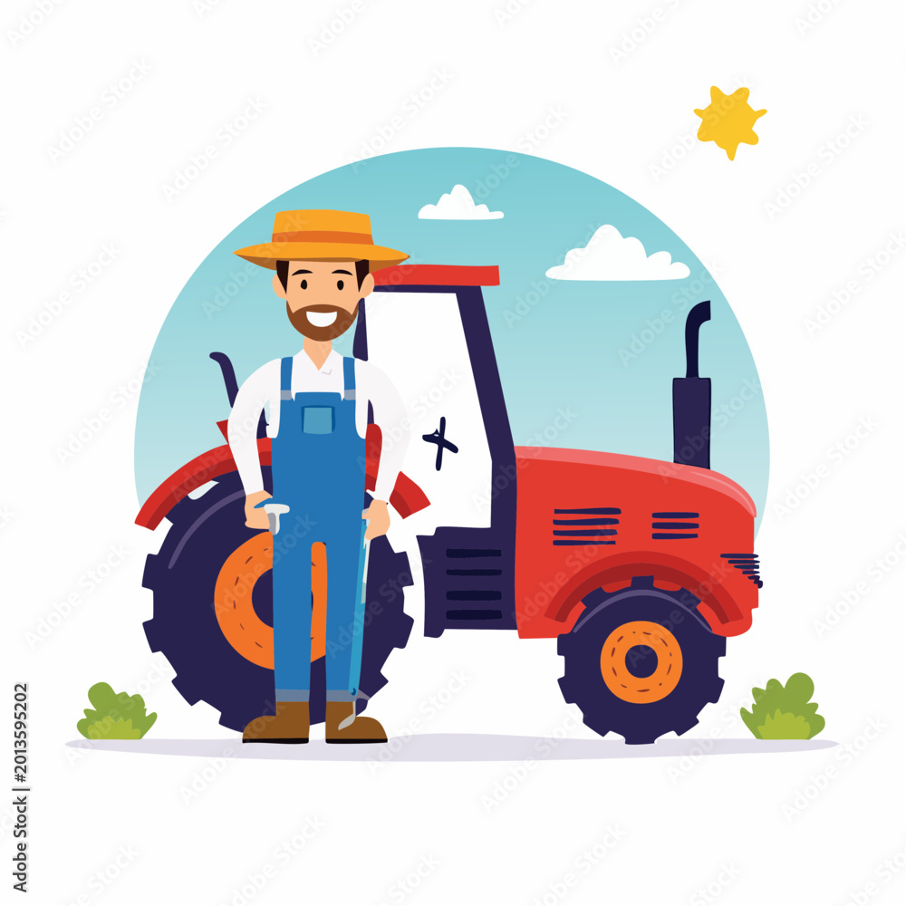 Obraz premium Farmer Standing Next to a Red Tractor