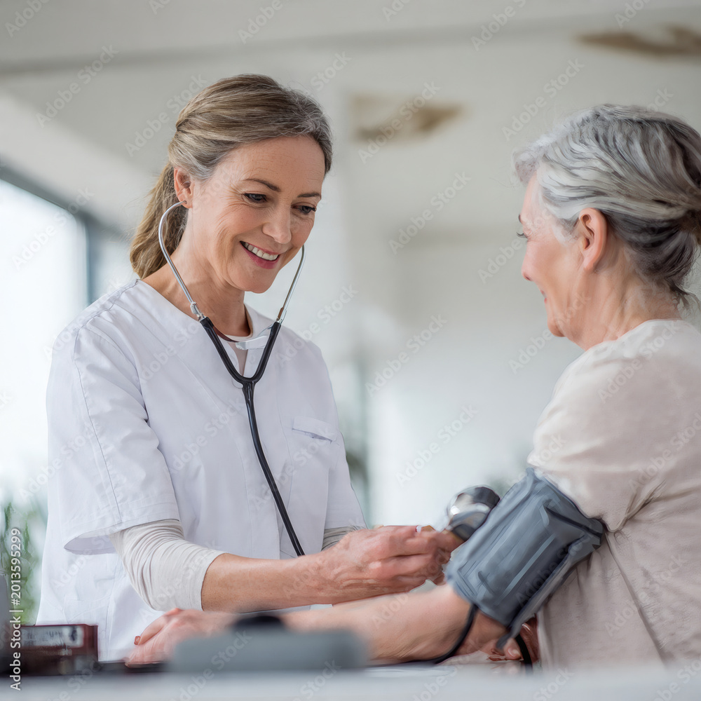 Fototapeta premium Nurse measuring blood pressure of patient in minimal clinic setting