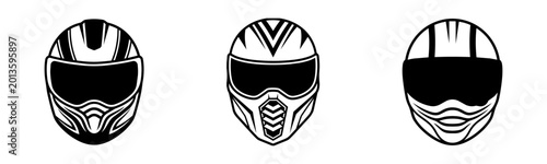 Set of three motorcycle helmet vector icons, full face racing and motocross helmet illustrations, black and white sports headgear symbols.