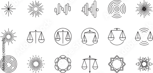 Photos Geometric Sunburst Scales of Justice and Abstract Line Art Icon Set